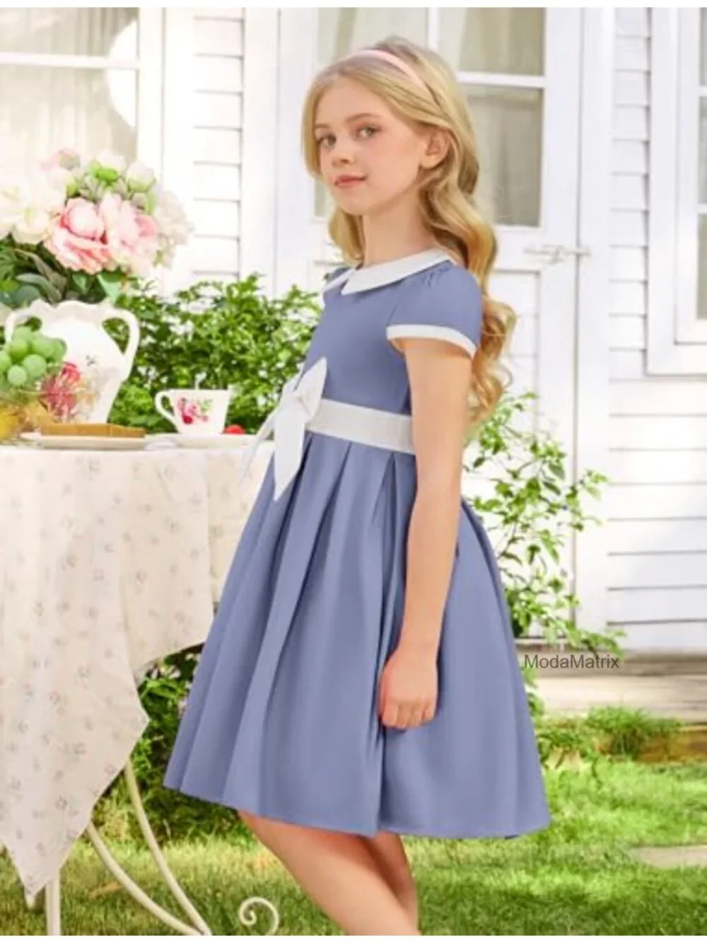 Girls Retro 1950s Swing Dress Short Puff Sleeve Peter Pan Collar Party